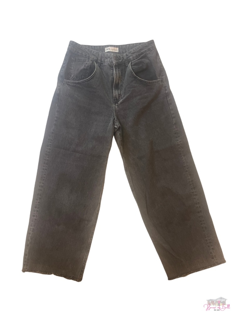ZARA High Rise Wide Leg Jeans Washed Black Charcoal Raw Hem Size 6 / 28